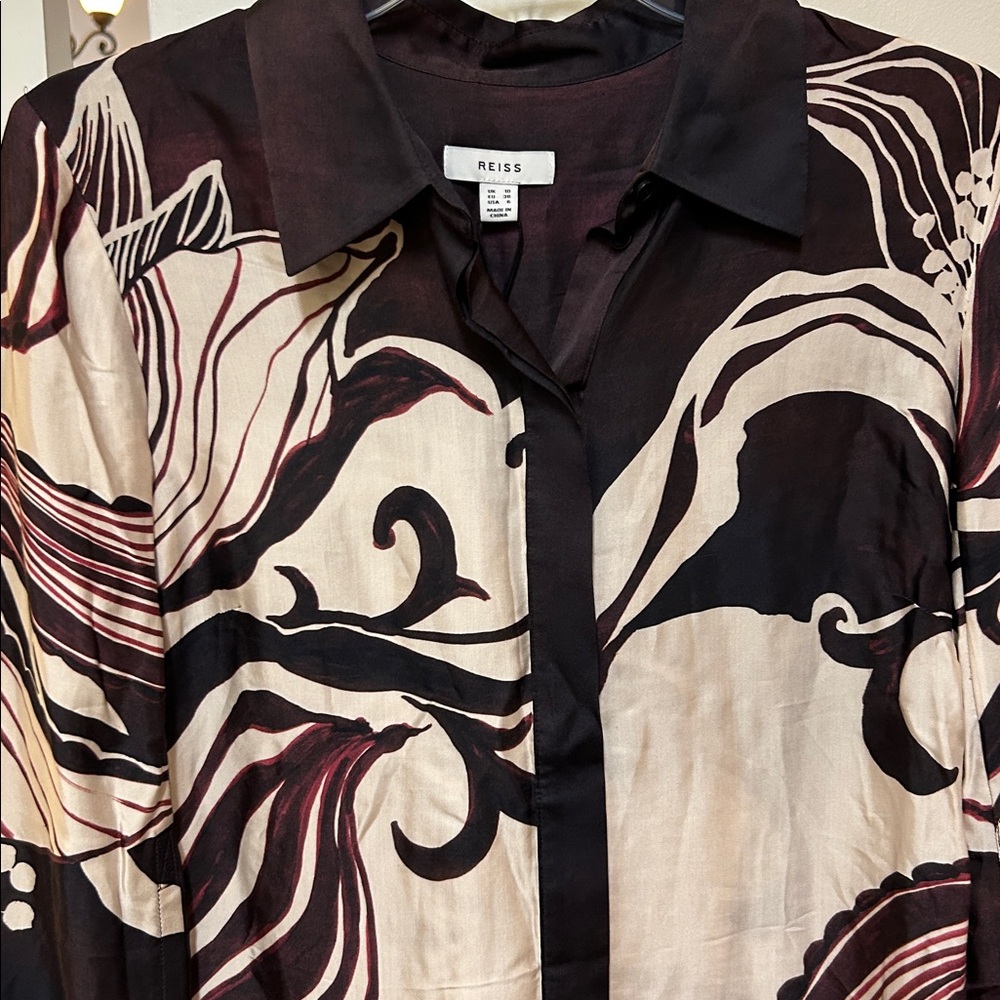 Reiss Women’s Size 6 Karl Orchid Printed button down shirt brown red - Picture 7 of 16
